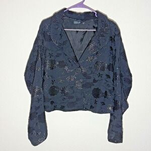 Ischiko‎ Black Floral Metallic Sparkle Cropped Button Up Jacket Sz 8